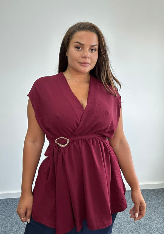 Curve wrap front sleeveless peplum top with buckle detail - Burgundy