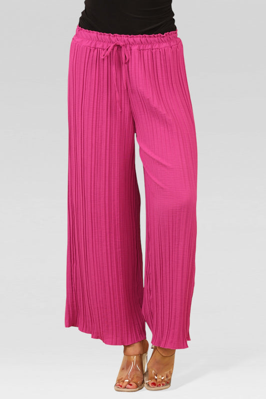 Wide leg plisse pleated elasticated trousers - magenta