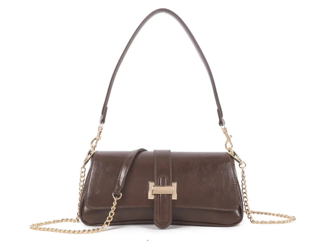 Convertible Shoulder & Crossbody Bag with Chain Strap - Chocolate brown