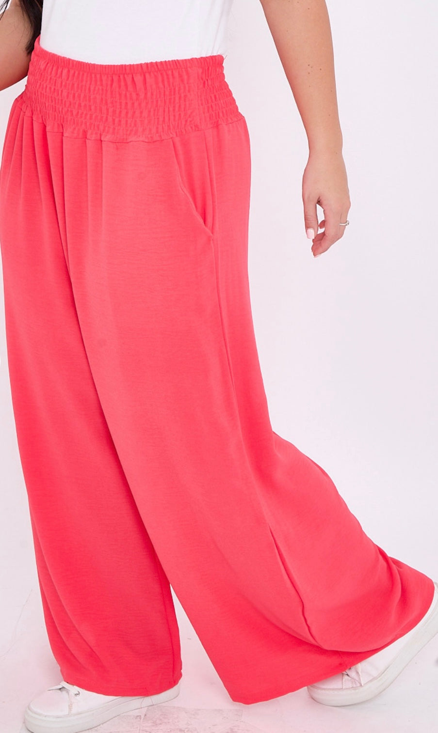 Plus size coral wide leg wide elasticated shirred waistband with pockets