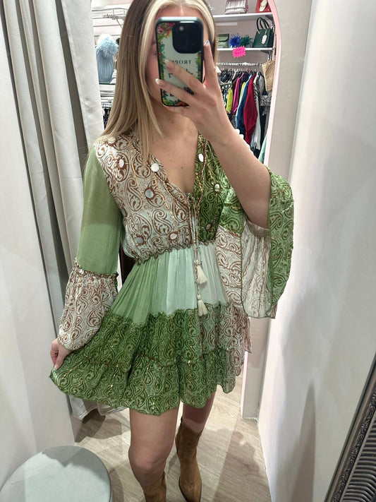 Boho paisley mini dress with bell sleeves & mirror detail - Green