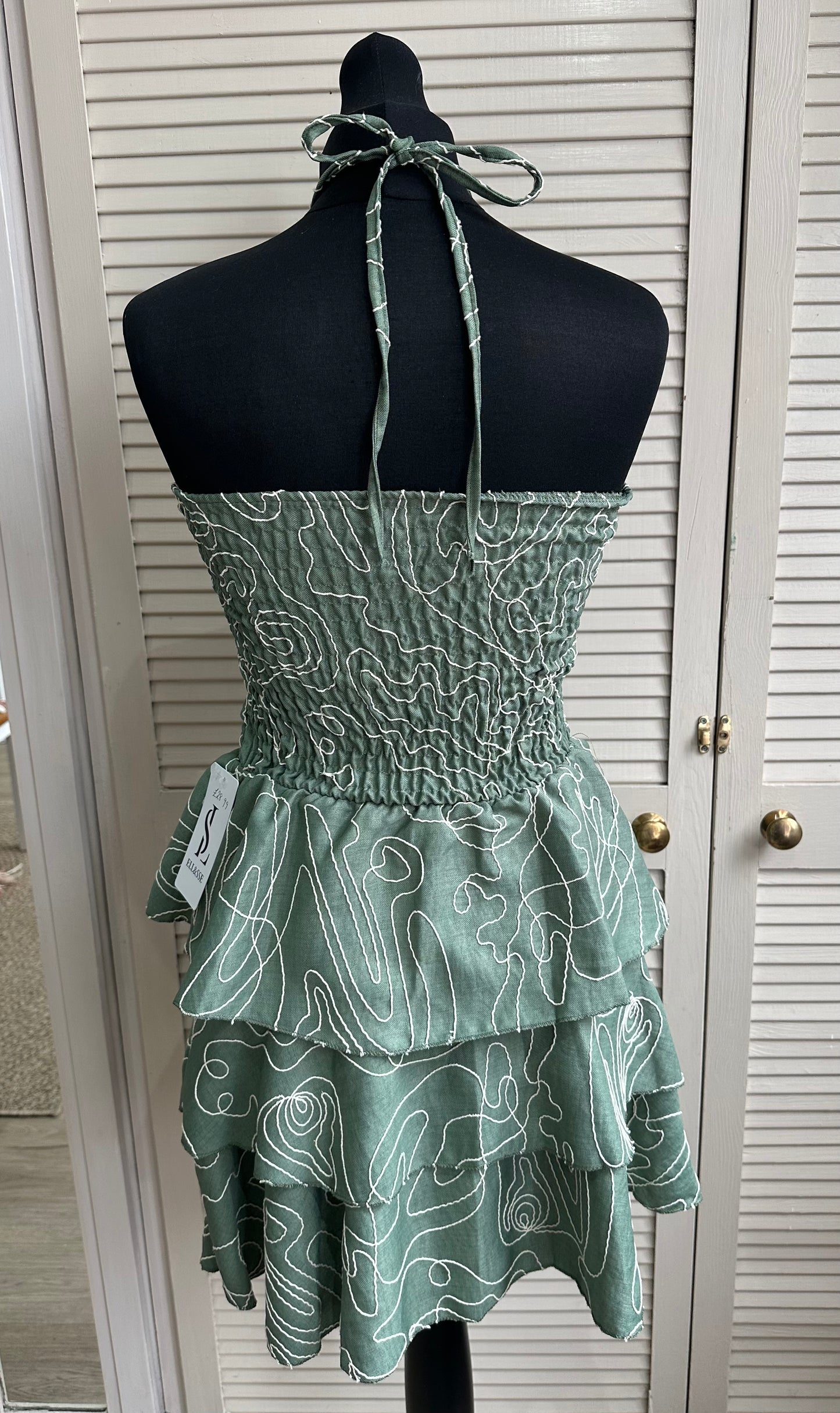 Green embroidery detail shirred waist layered mini dress