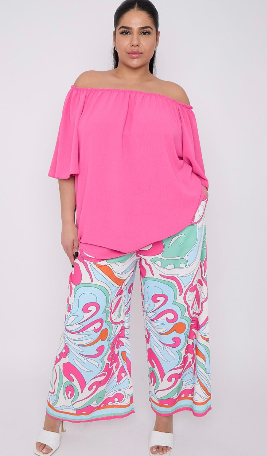 Plus size printed wide leg trousers with pockets - Pink