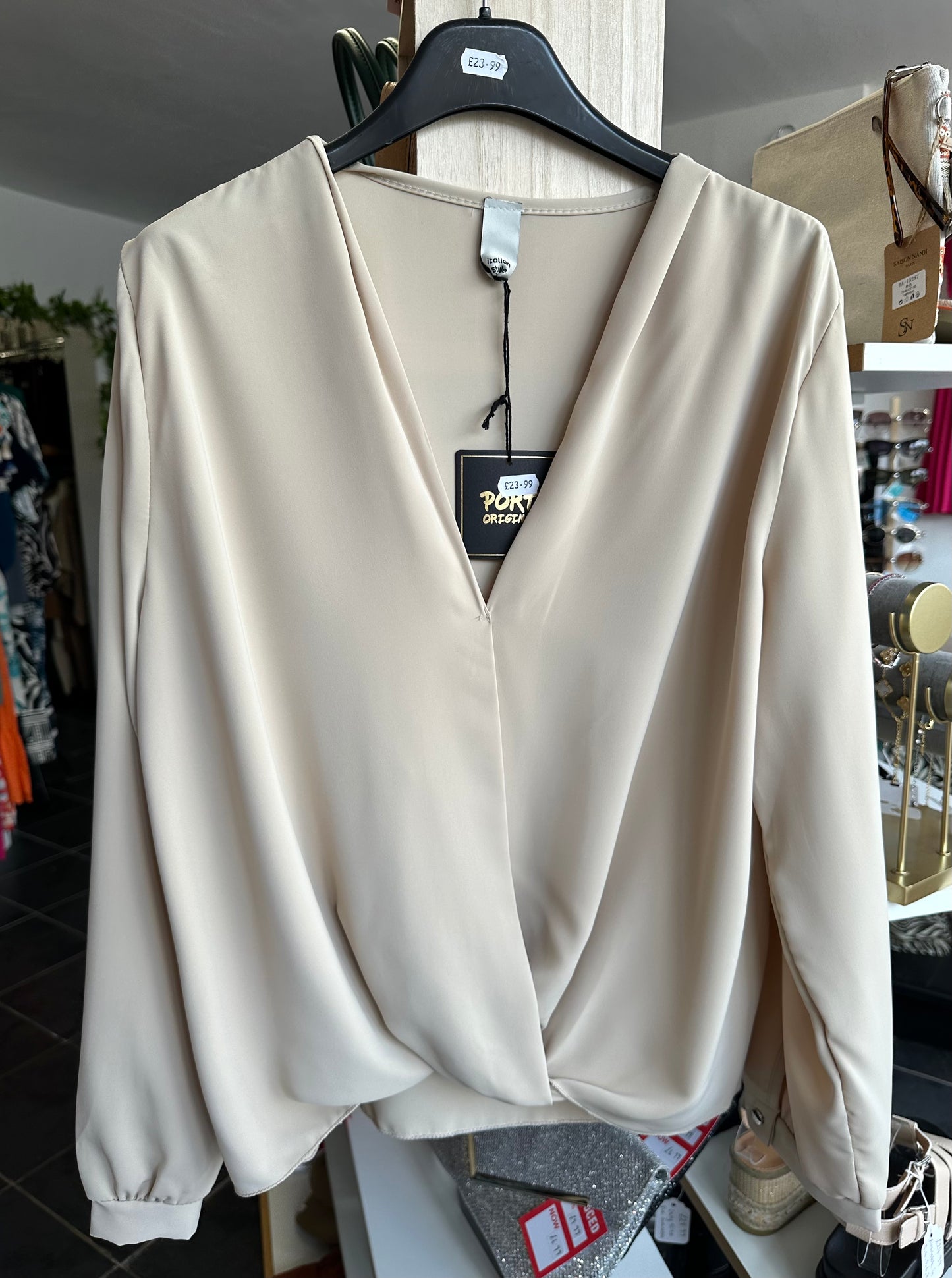 Beige long sleeve v neck blouse