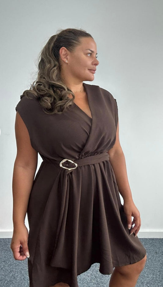 Curve belted buckle detail wrap look mini dress with pockets - Brown
