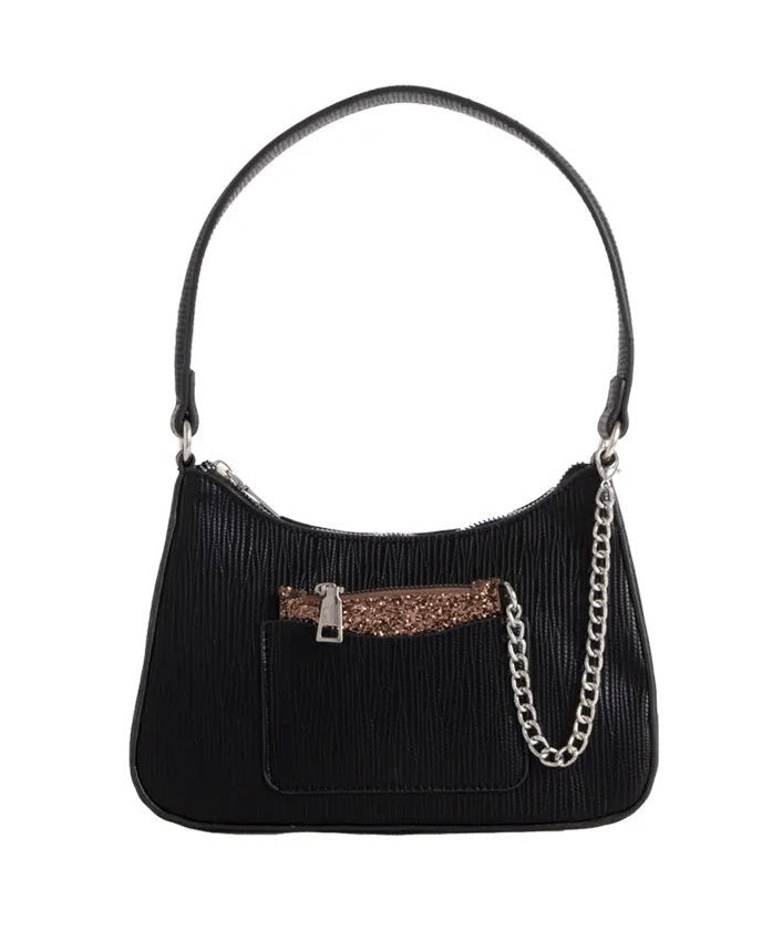 Black textured shoulder bag with glitter money pouch