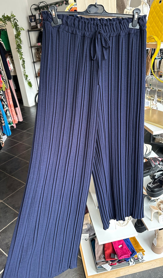 Navy wide leg pleated drawstring trousers