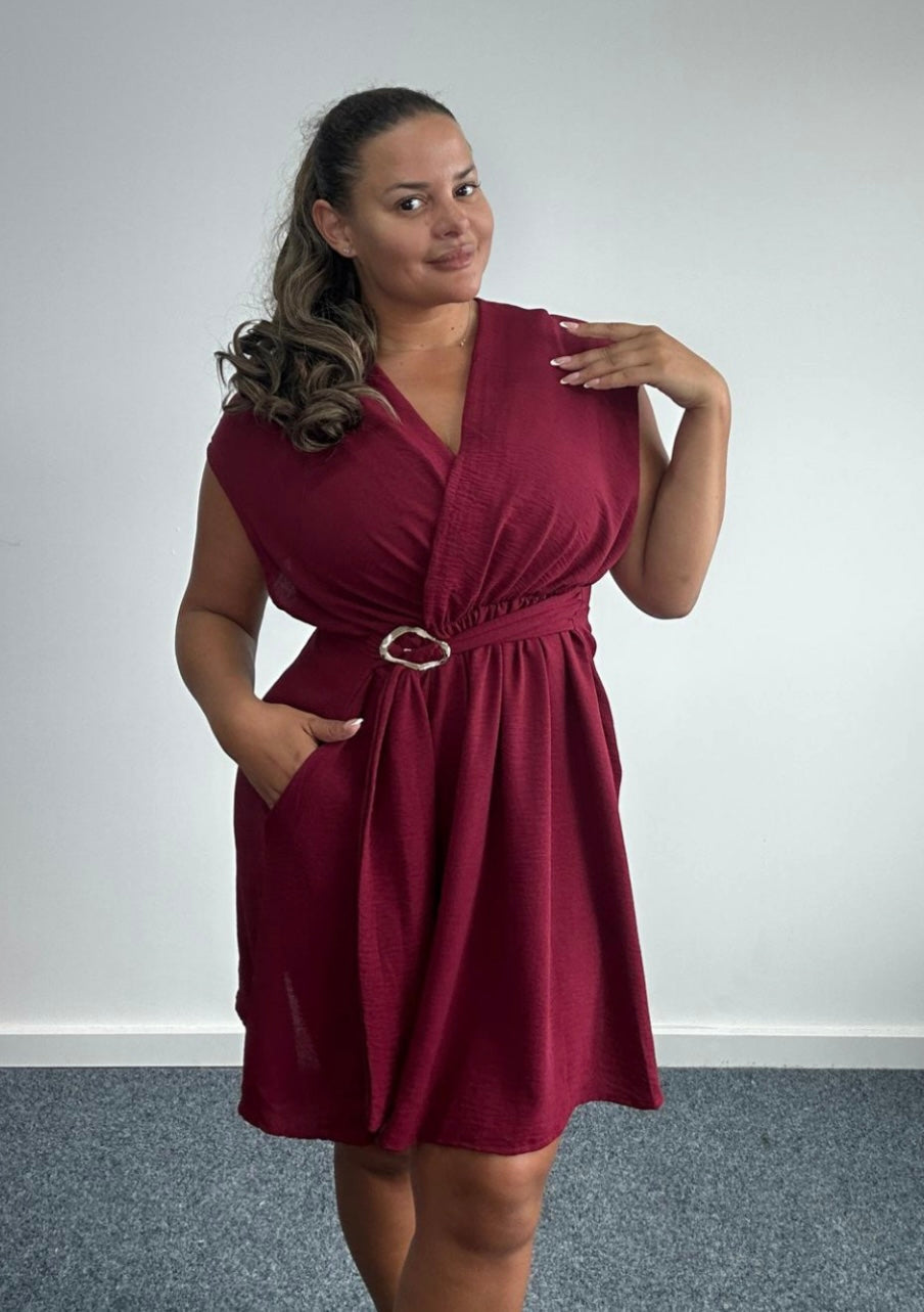 Curve belted buckle detail wrap look mini dress with pockets - Burgundy