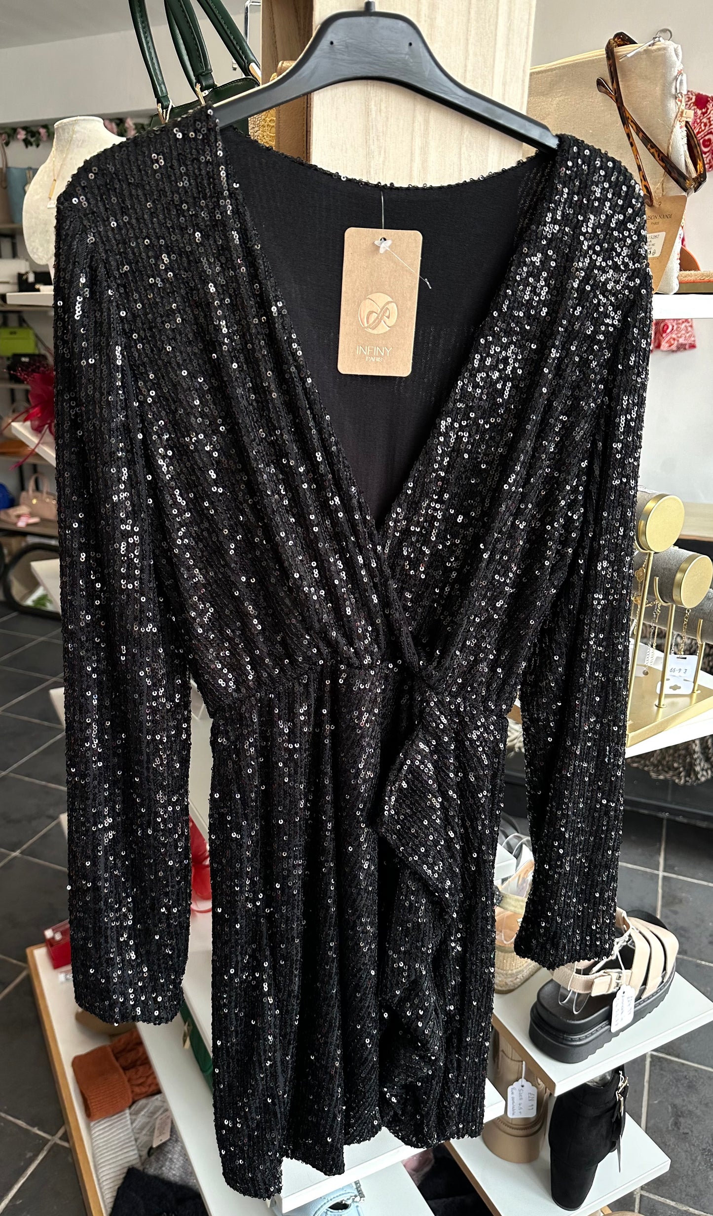 Black sequin long sleeve mini dress