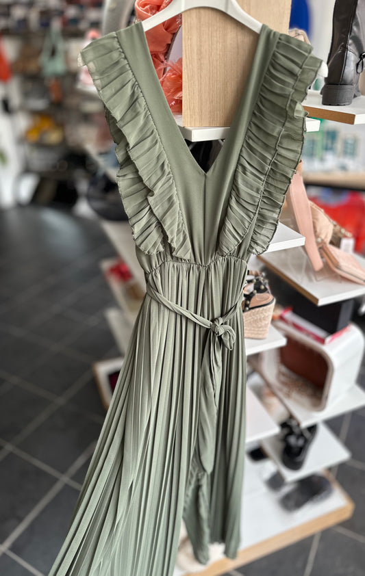 Khaki frill detail pleated wide leg jumpsuit