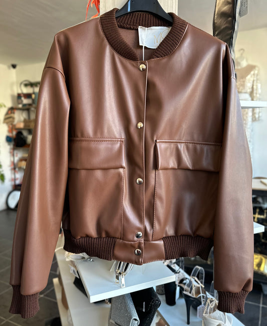 Brown faux leather short length bomber jacket