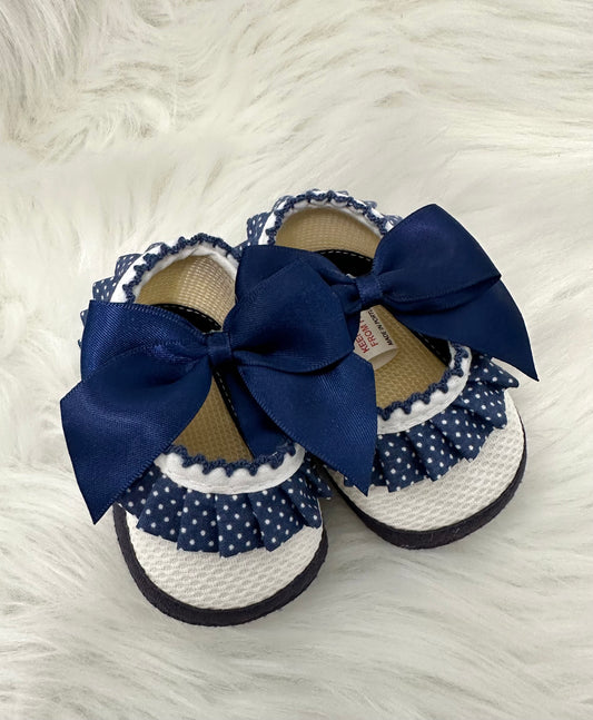 Baby navy & white polka dot lace and bow detail booties