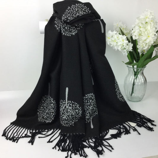 Tree pattern reversible winter scarf - black & grey