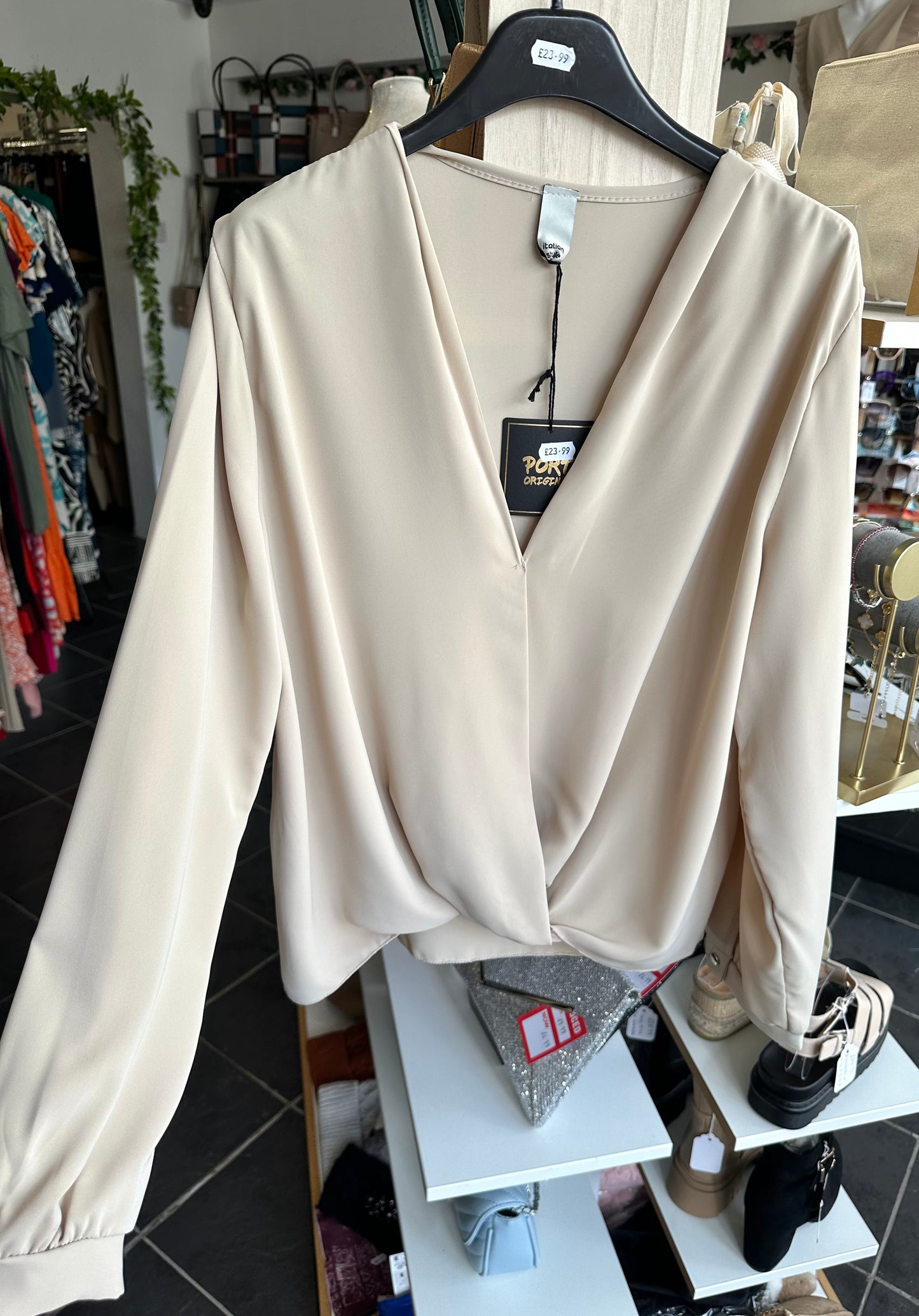 Beige long sleeve v neck blouse