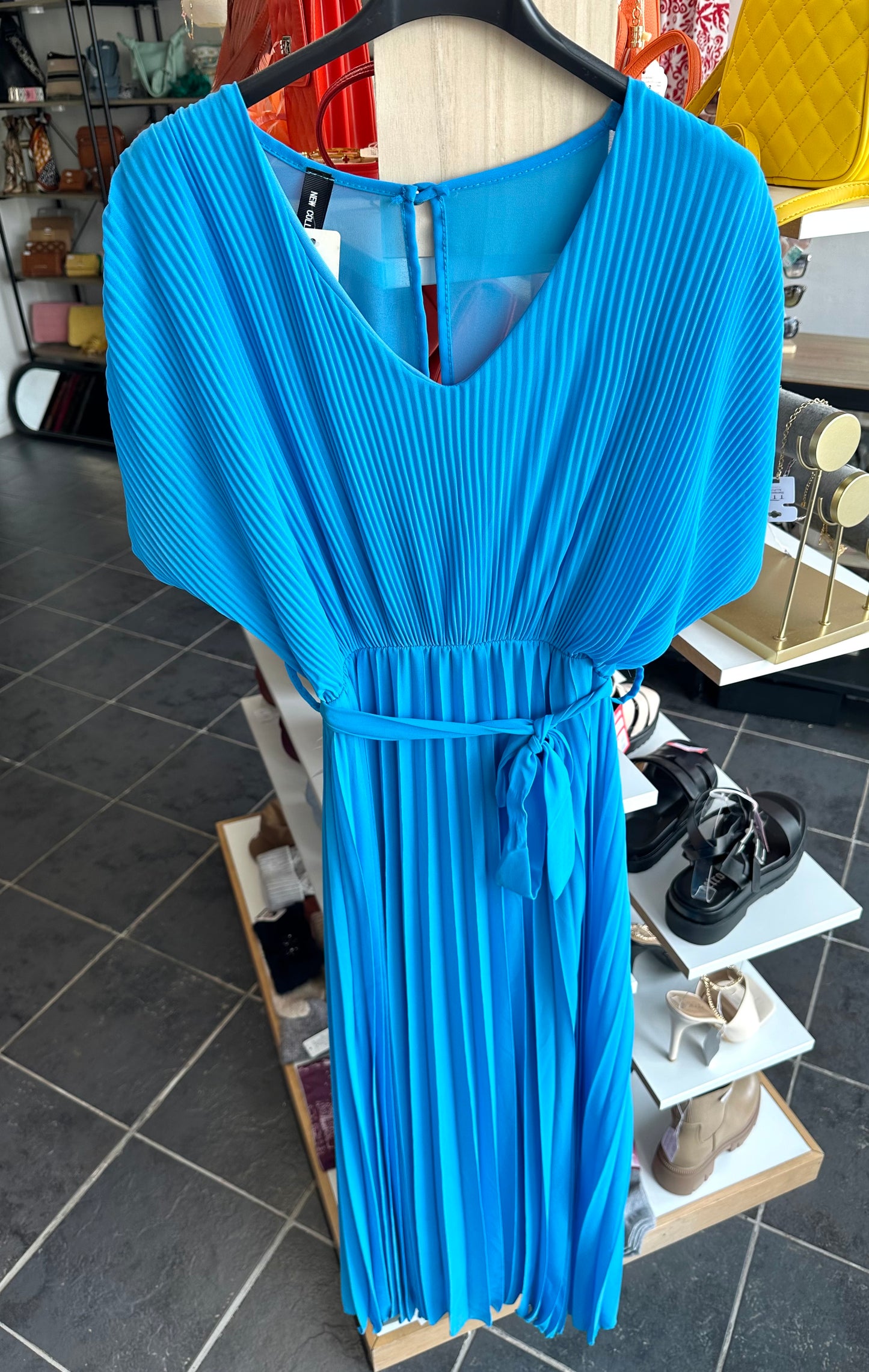 Blue pleated tie waist maxi dress