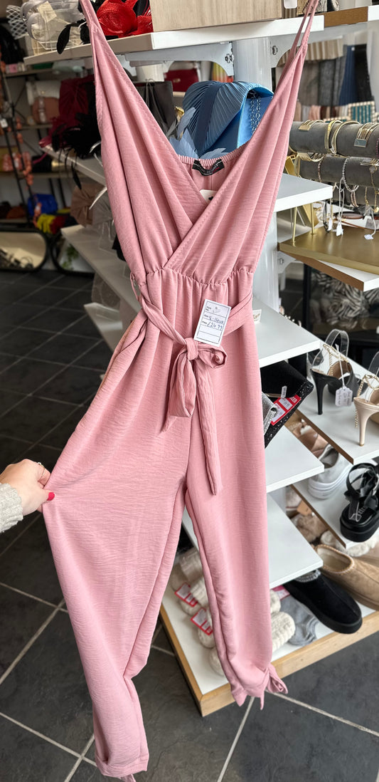 Pink plunge neck strappy jumpsuit