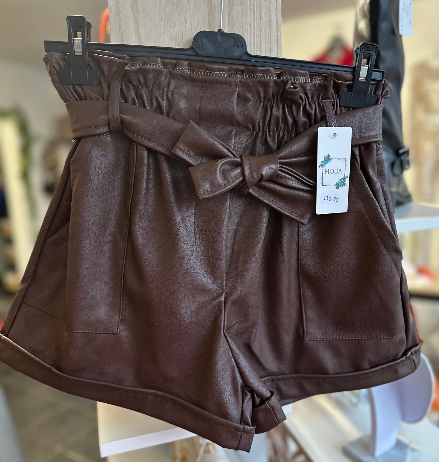 Brown paper bag waist PU leather shorts