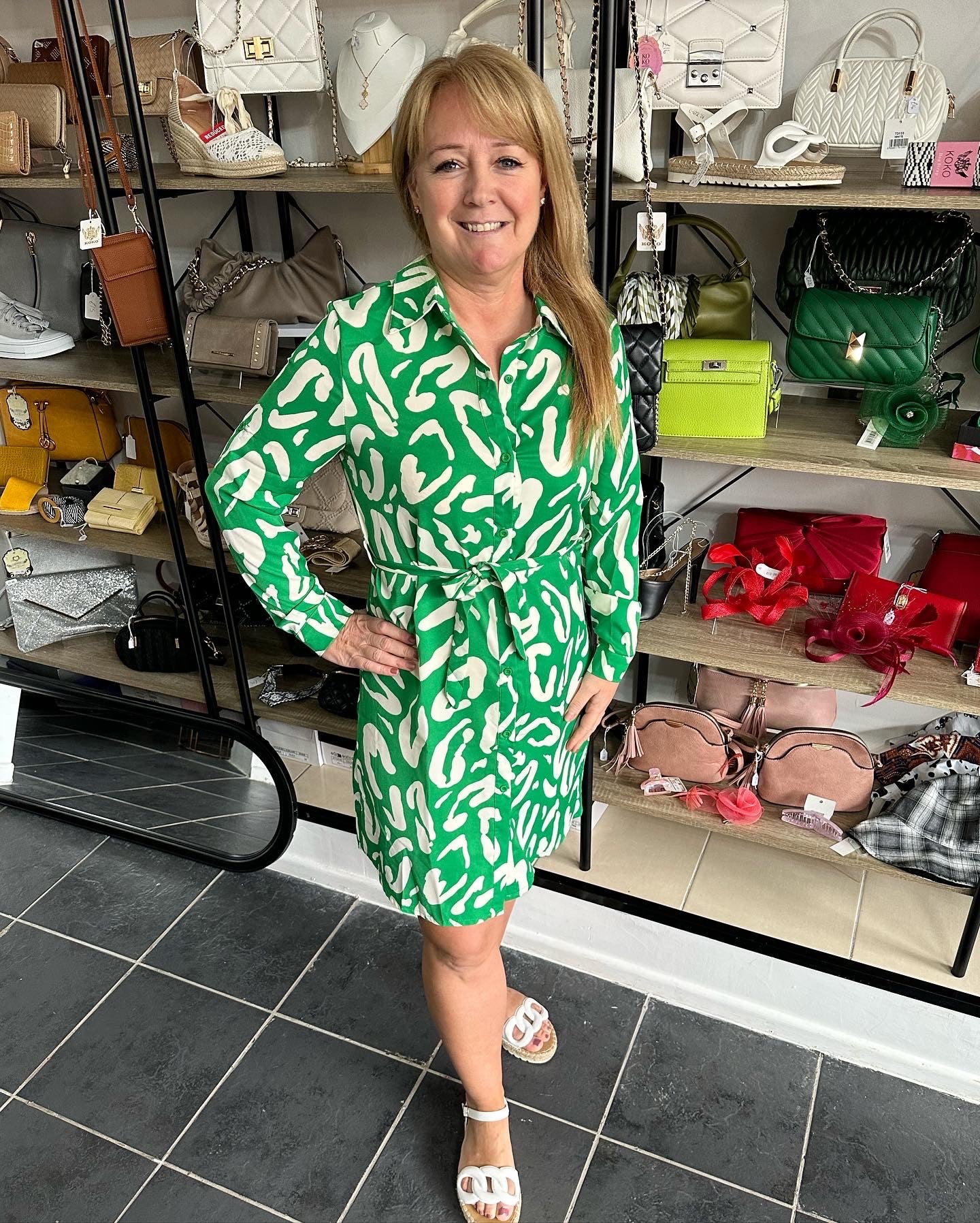 Green leopard print long sleeve belted dress