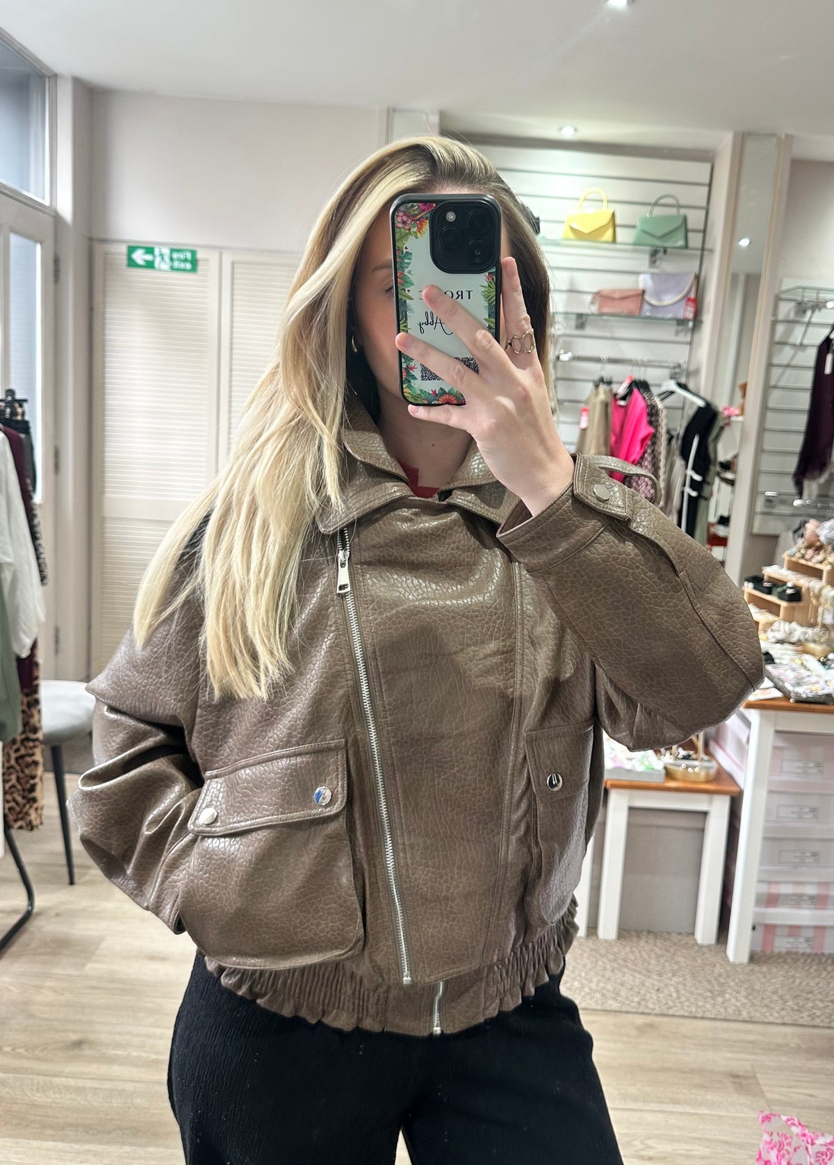 Taupe Faux Leather Oversized Bomber Jacket