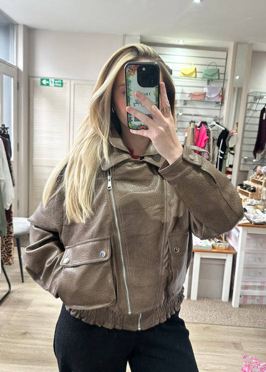 Taupe Faux Leather Oversized Bomber Jacket