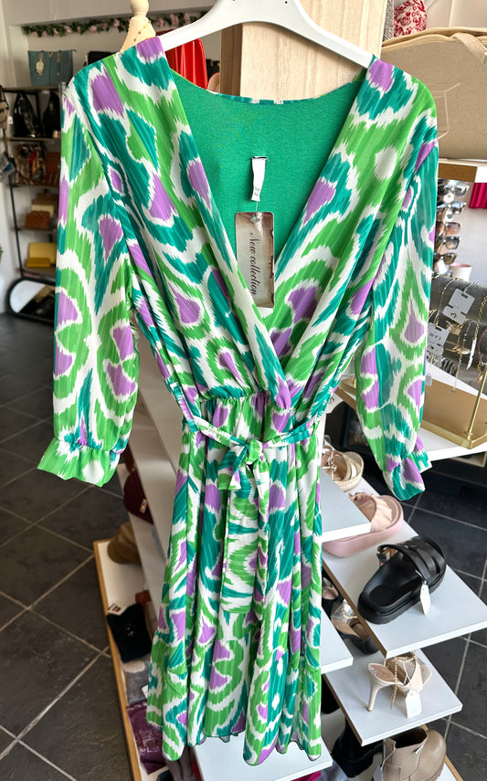 Green and purple printed 3/4 sleeve belted skater dress