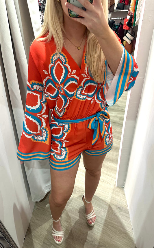 Orange & blue floral kimono style playsuit