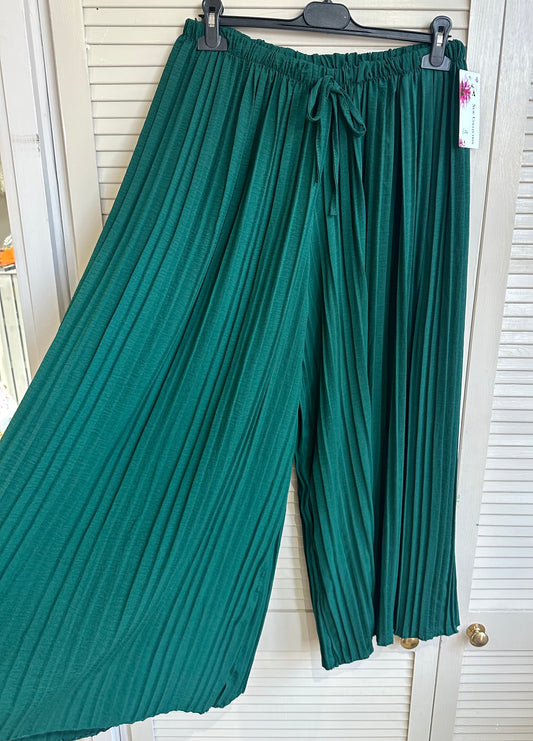 Super wide leg pleated trousers with drawstring waist - emerald green