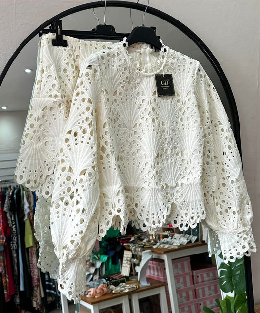Cream broderie anglaise lace long sleeve top & skirt co ord