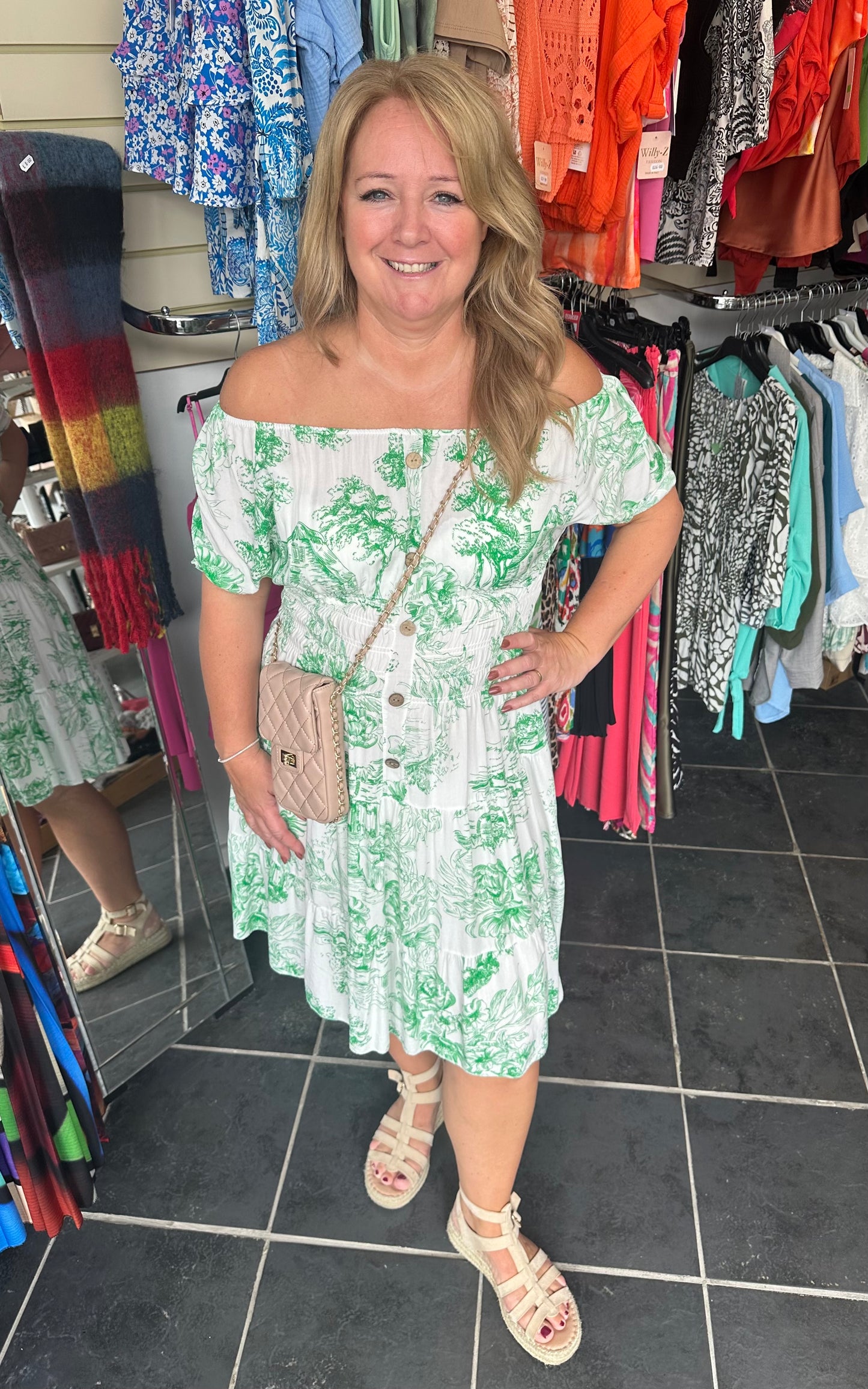 Green floral shirred waist button down dress