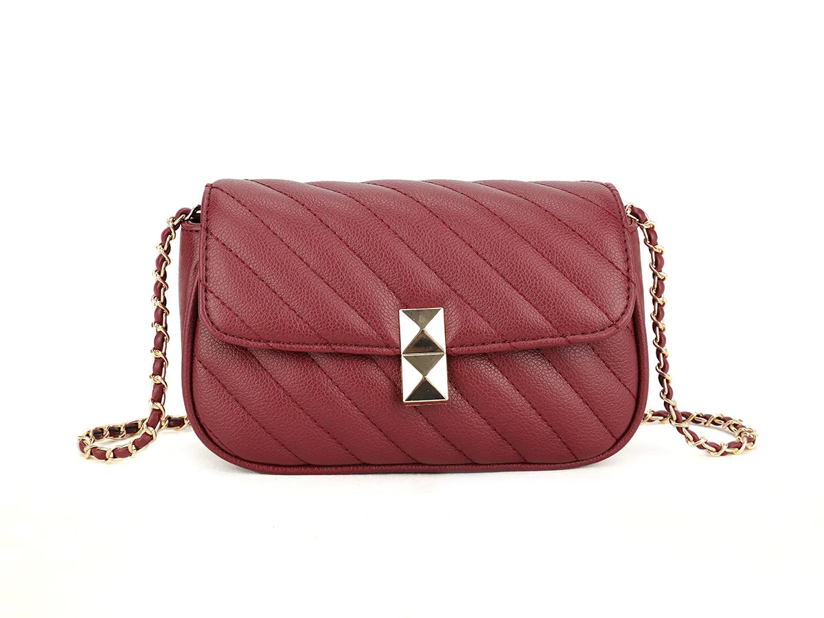 Diagonal quilted & gold detail crossbody bag - burgundy