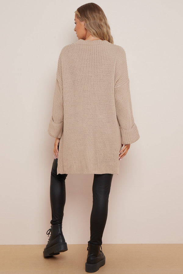 Beige dip hem oversized knit jumper