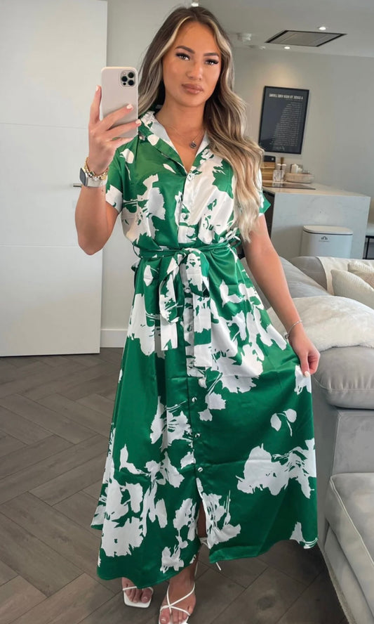 Green floral belted maxi dress