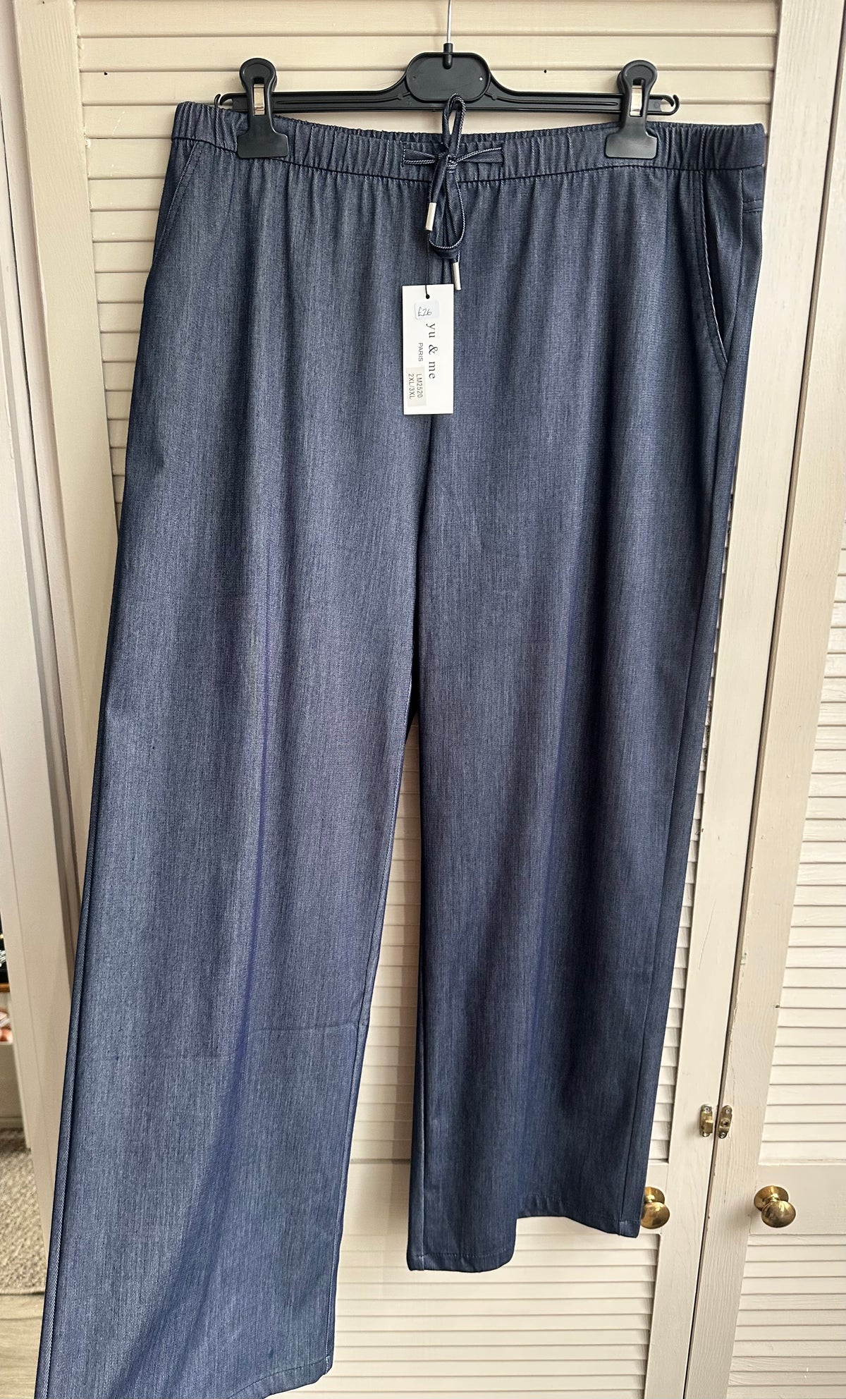 Curve blue denim look wide leg drawstring trousers with pockets