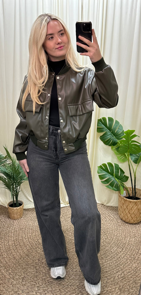 Khaki green faux leather short length bomber jacket