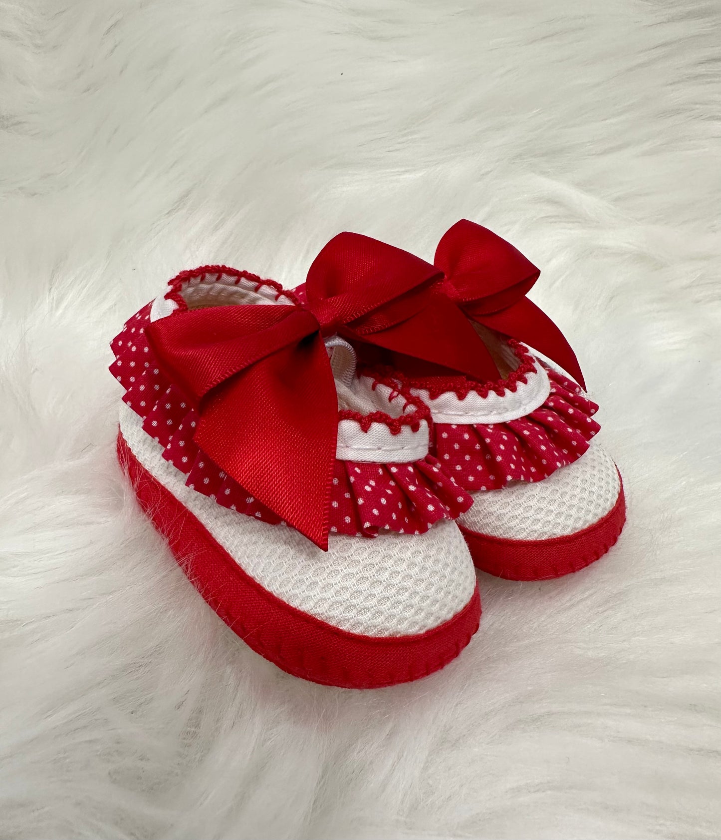 Baby red & white polka dot lace and bow detail booties