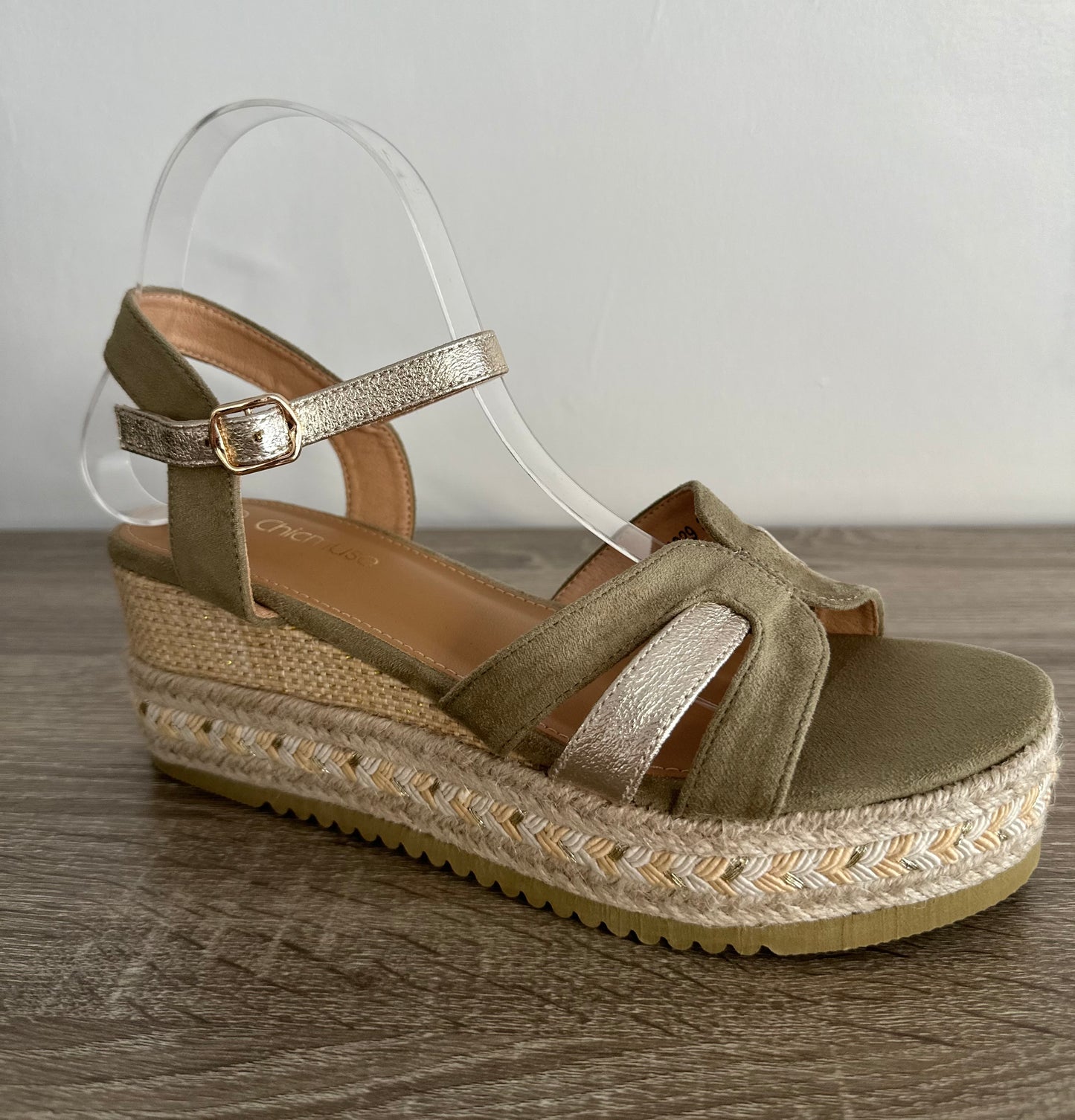 Khaki & gold espadrille wedges