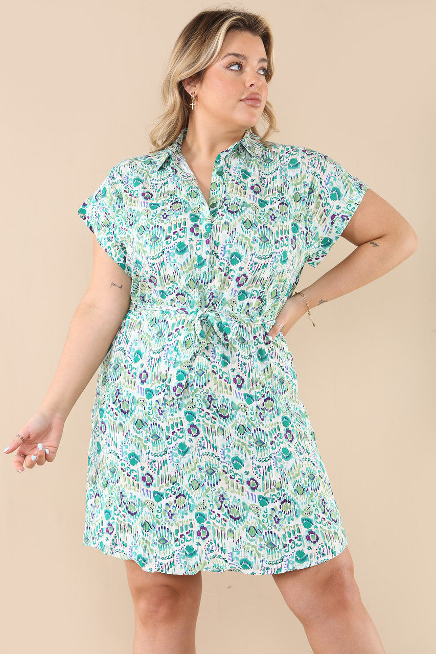 Green patterned belted shirt dress