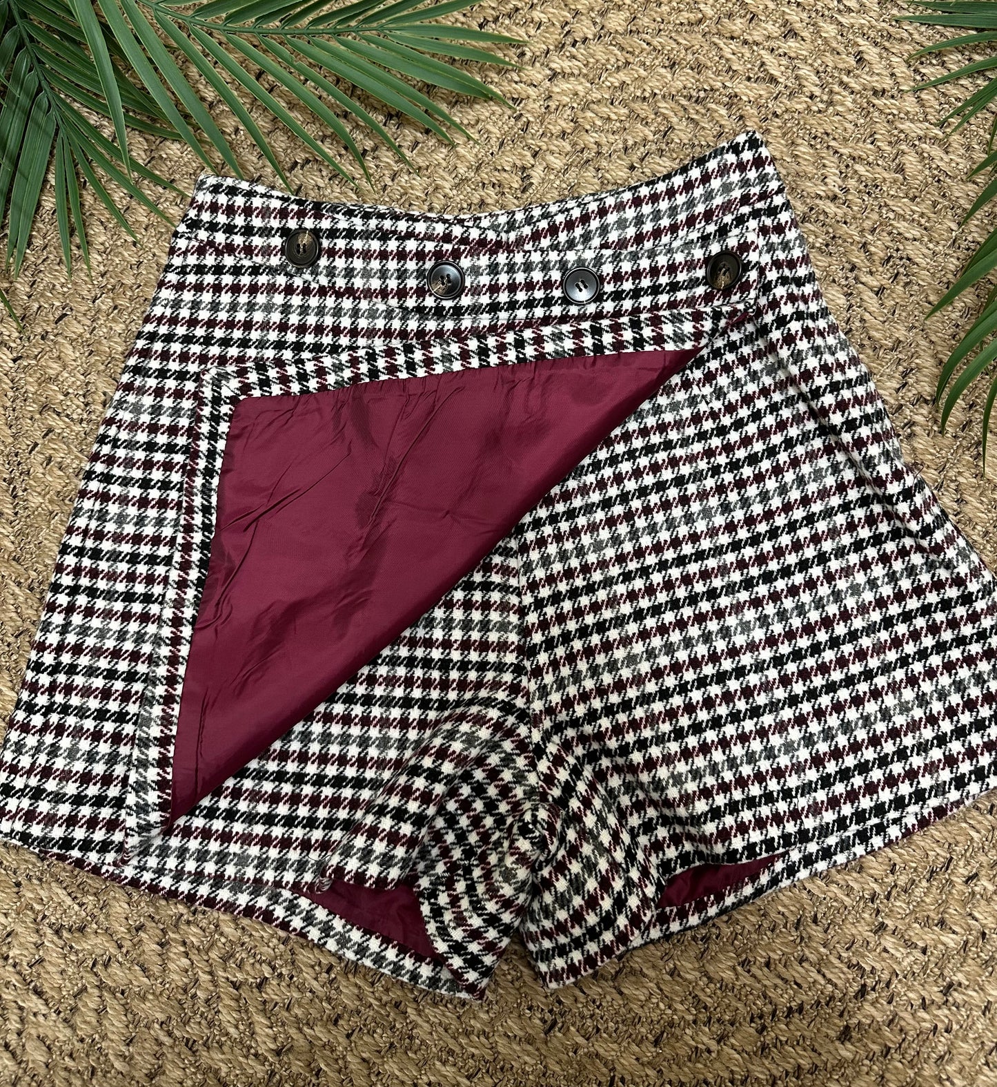 Burgundy checked button detail skort