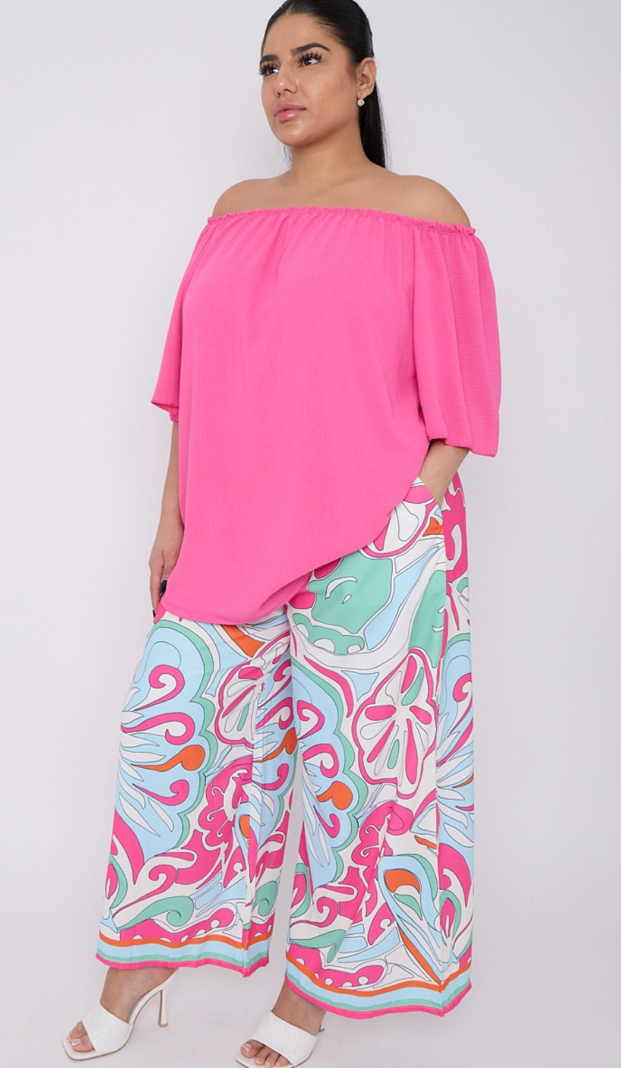 Plus size printed wide leg trousers with pockets - Pink