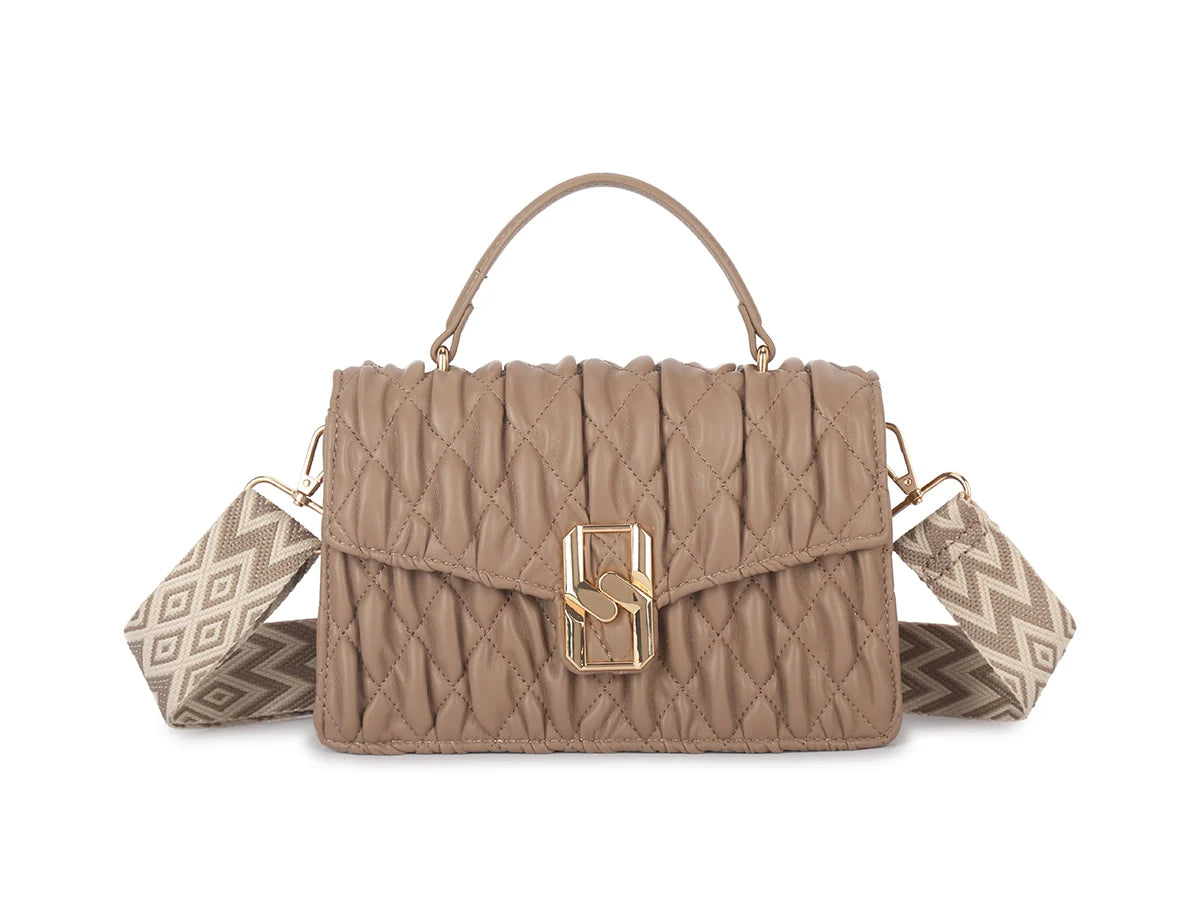Quilted top handle bag with patterned shoulder strap - Taupe