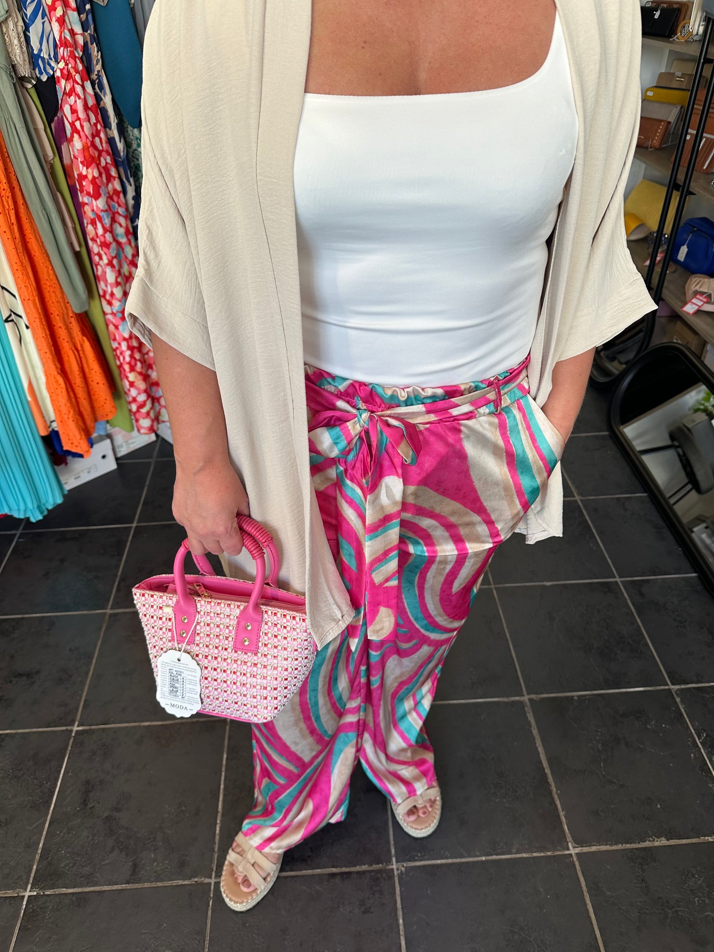 Pink pattern high waisted wide leg trousers