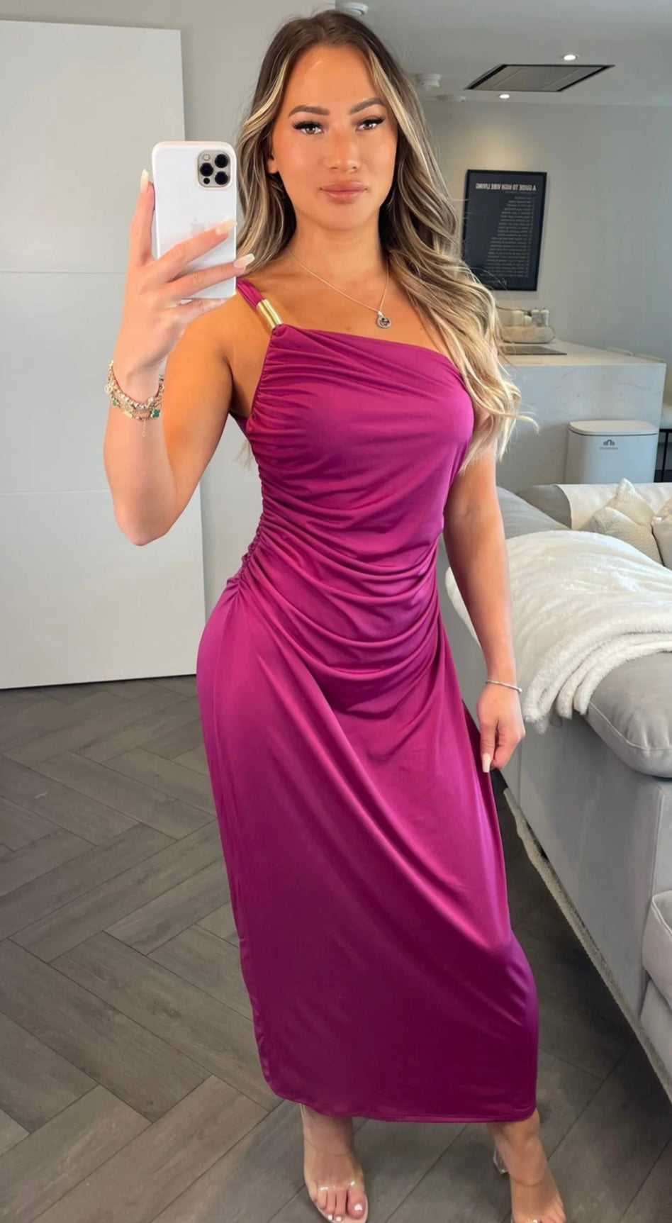 Purple one shoulder midi dress with gold shoulder detail