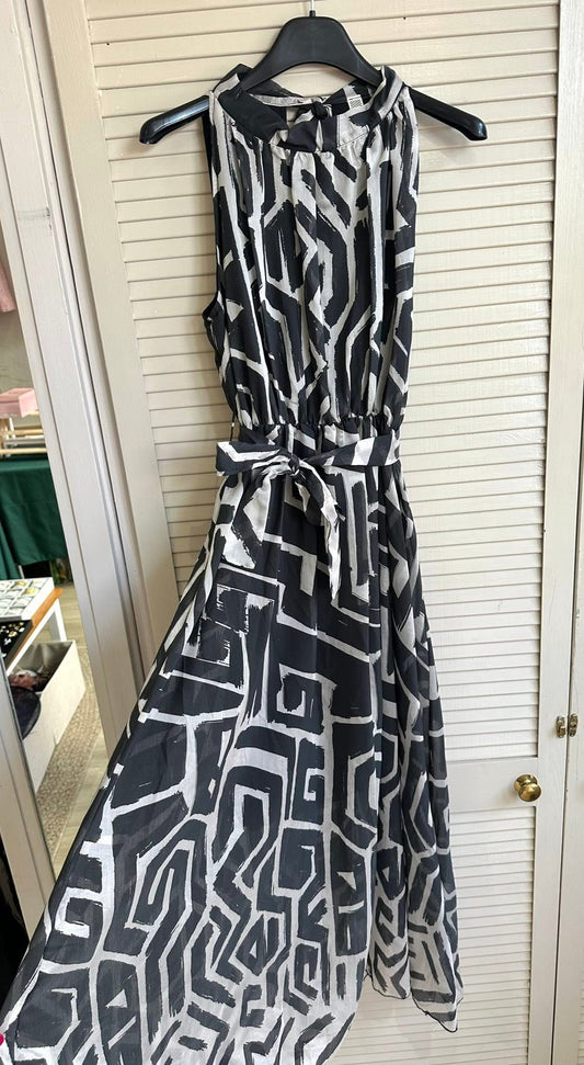 Grey printed high neck tie waist maxi dress
