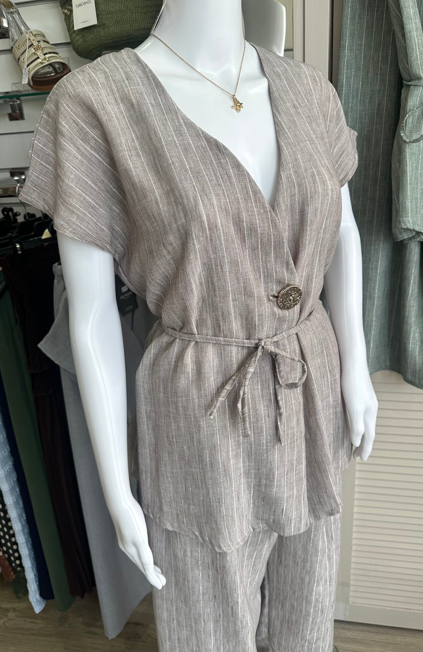 Beige striped waistcoat & trouser co ord