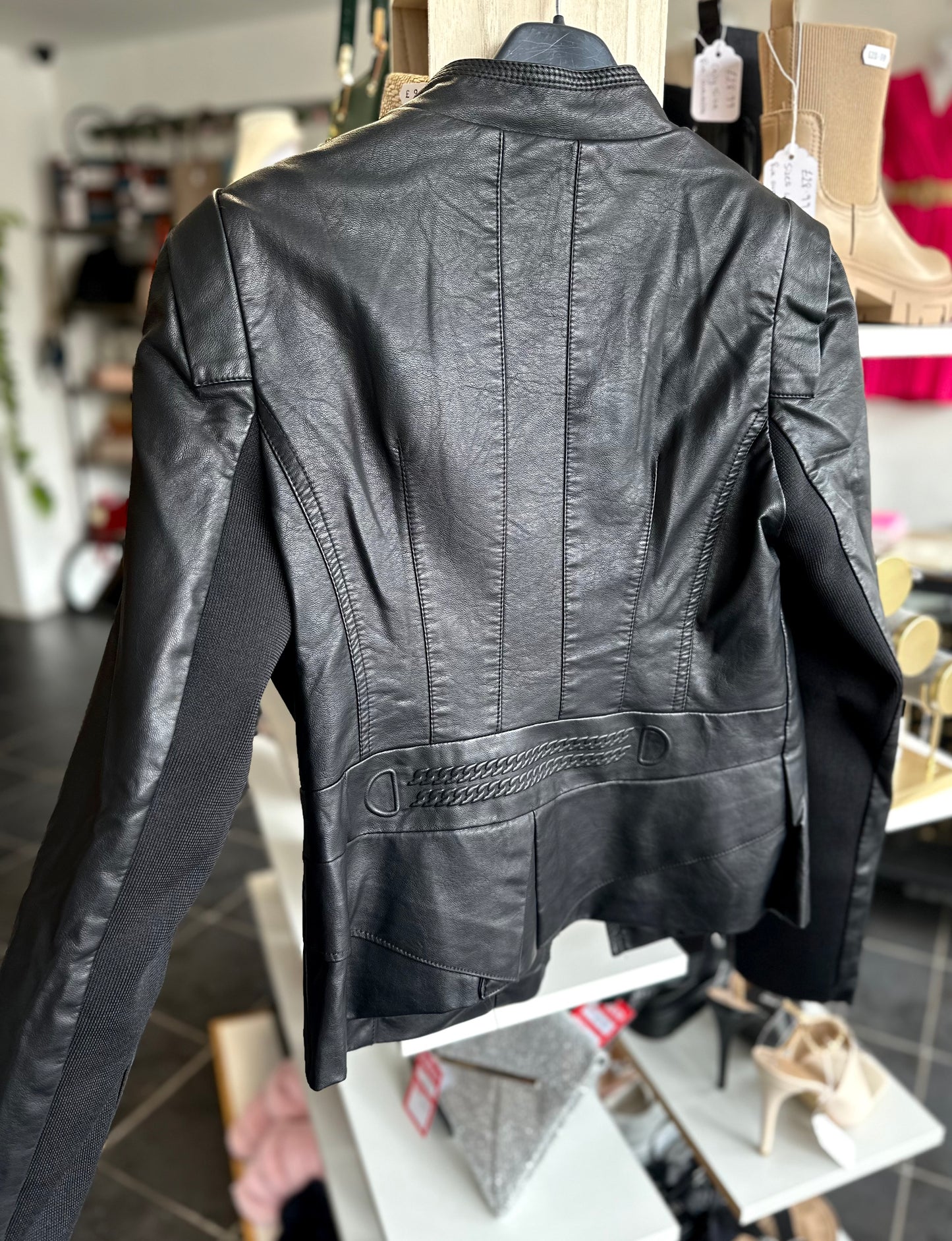 Black slight-crop fitted faux leather jacket