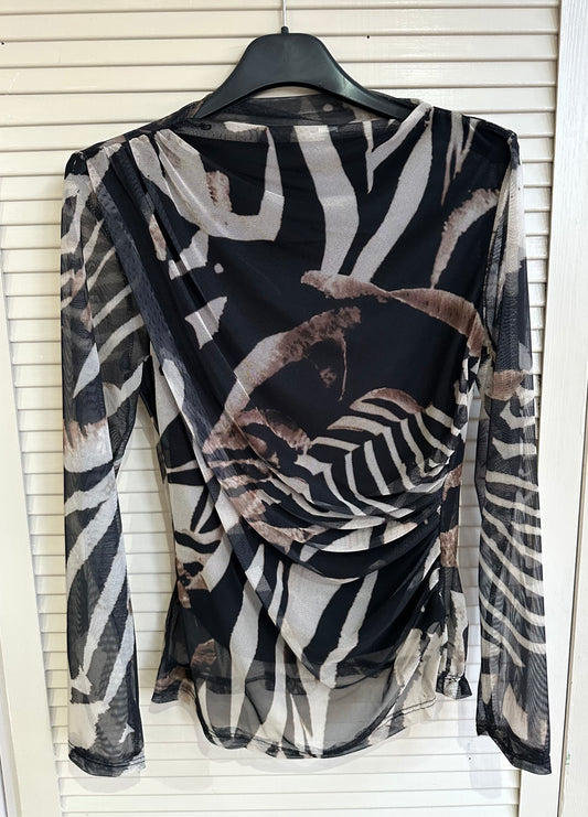 Long sleeve printed mesh drape detail top