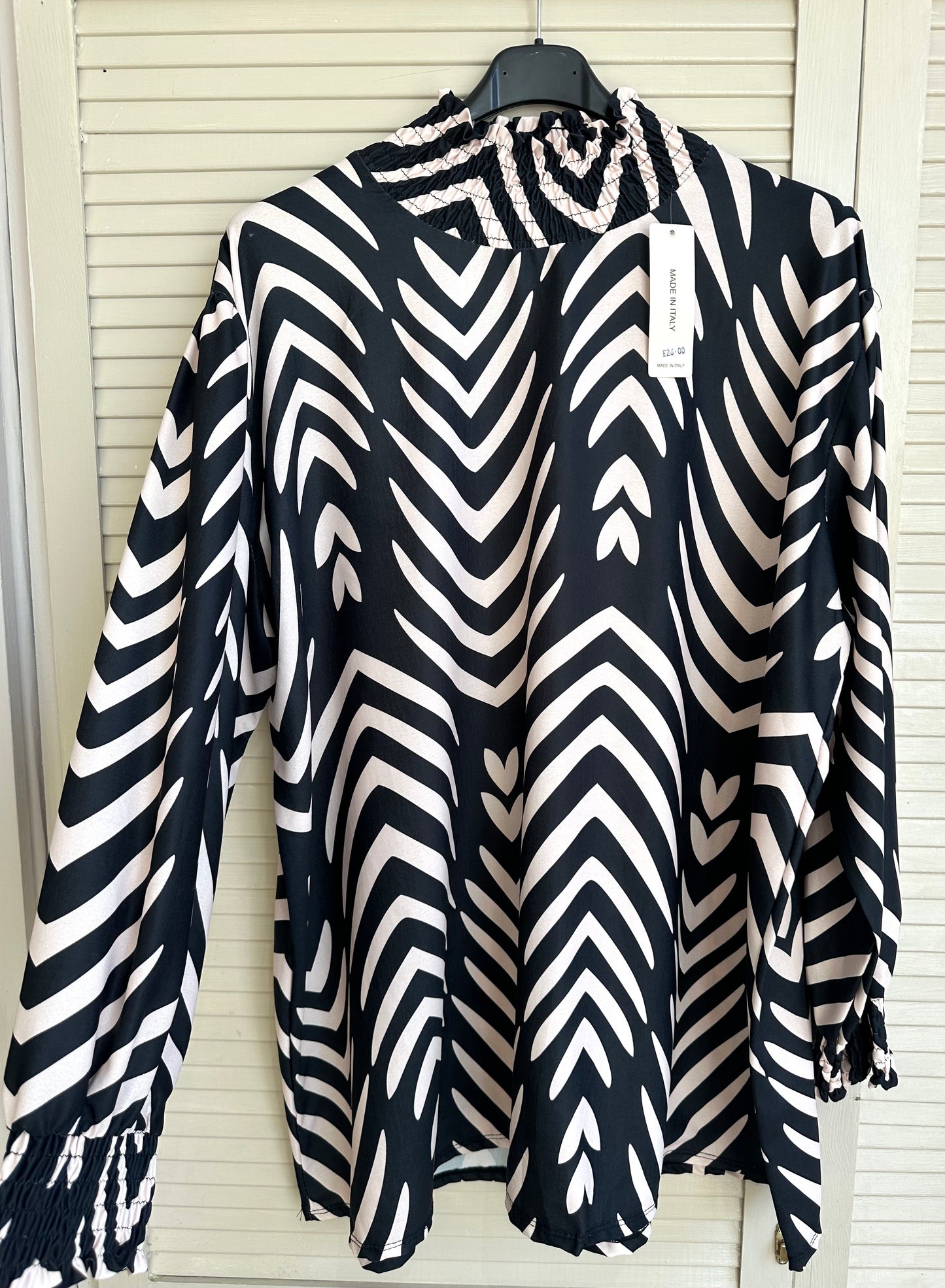 Black & beige printed shirred neck detail long sleeve top