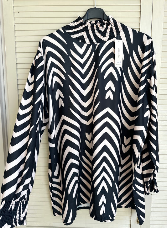 Black & beige printed shirred neck detail long sleeve top