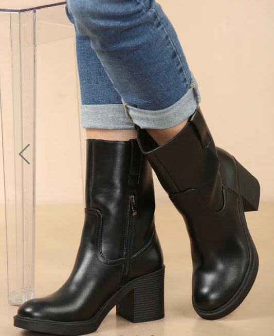 Black mid calf heeled boots