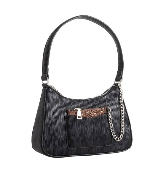 Black textured shoulder bag with glitter money pouch